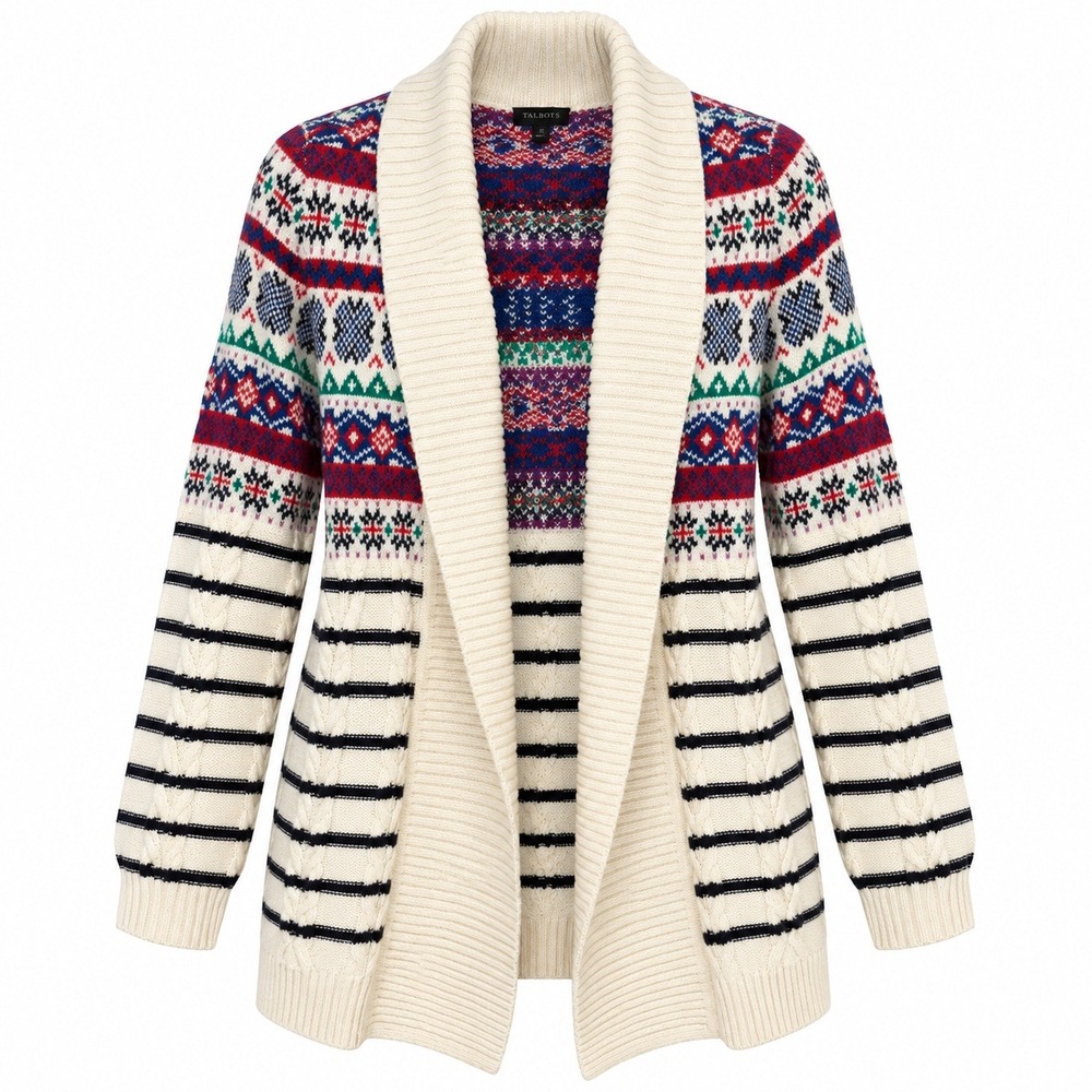 Talbots Après Ski Fair Isle Open Front Cardigan Women Medium Cabincore Coastal